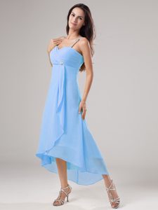Simple Blue Spaghetti Straps Chiffon Prom Gown with Beading and Ruche