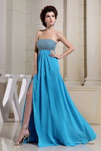 Sexy Aqua Blue High Slit Beaded and Ruched Prom Dresses to Floor-length