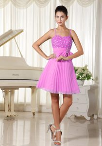 Spaghetti Straps Princess Beaded Junior Prom Dresses with Bowknot in Pink