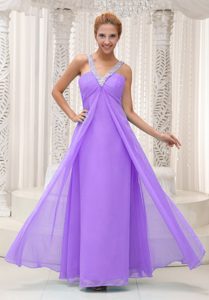 Lavender Beaded and Ruched V-neck Prom Gown to Floor-length