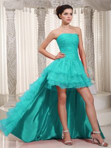 Ruched High-low Aqua Blue Strapless Dress for Prom with Ruffled Layers