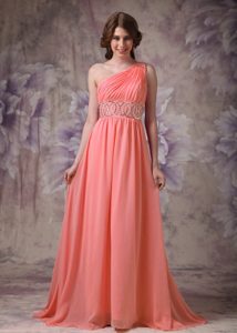 Ruched and Beaded One Shoulder Watermelon Chiffon Senior Prom Dresses