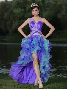 Lovely High-low Multi-color One Shoulder Beaded Prom Outfit with Ruffles