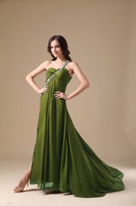 Elegant Olive Green Empire Beaded One Shoulder Prom Gowns