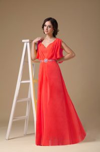 Custom Made Empire V-neck Prom Dresses for Summer with Beading in Red