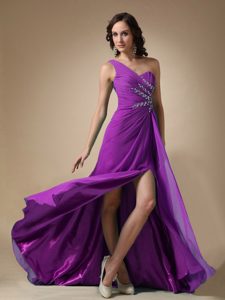 Purple Empire One Shoulder Prom Dress for Tall Girl in Elastic Woven Satin