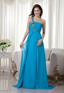Aqua Blue Empire One Shoulder Chiffon Prom Dress for Flat Chested Girls