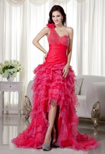 Red A-line One Shoulder Organza Beaded Junior Prom Dress with Flowers