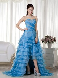 Aqua Blue A-line Sweetheart Senior Prom Dresses in Organza with Beading