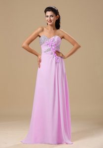 Beautiful Rose Pink Chiffon Prom Outfits with Beading and Handle Flowers