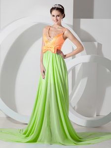 Custom Made V-neck Prom Attire with Beading in Spring Green and Orange