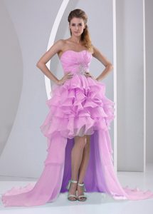 Pink High-low Sweetheart Prom Gowns with Ruche and Ruffles in Organza
