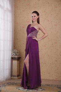 Beaded Fuchsia Empire One Shoulder Prom Dresses with Ruche