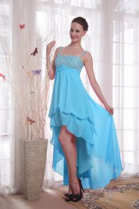 Baby Blue Straps High-low Chiffon Prom Dress for Petite Girl with Beading