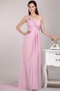 Pink One Shoulder Semi-formal Prom Dress with Beading and Watteau Train