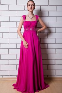 Inexpensive Hot Pink Empire Straps Prom Outfits with Beading