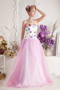Baby Pink A-line Sweetheart Prom Dresses with Colorful Appliques on Sale