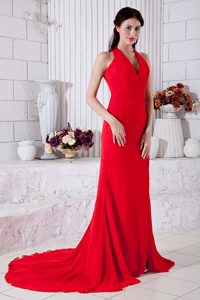 2013 Attractive Halter Top Brush Train Chiffon Red Dress for Prom Princess