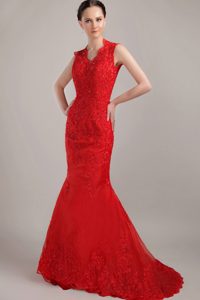 Red Mermaid V-neck Brush Train Exquisite Summer Prom Dress for Ladies
