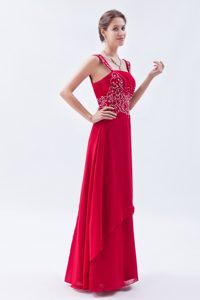 Wine Red Beaded Long Chiffon Dress for Prom Princess with Straps