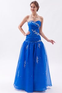 Blue Princess Beaded Sweetheart Organza Dresses for Prom with Embroidery