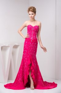 Unique Hot Pink High -low Zipper-up Chiffon Prom Celebrity Dress under 200