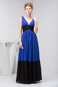 Modern V-neck Blue and Black Prom Dress for Ladies in Floor-length