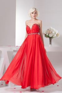 Sweetheart Beaded and Ruched Ankle-length Red Prom Dresses for Women