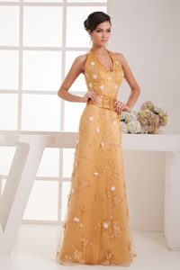 Popular Gold Halter Top Long Fall Prom Dress for Girls with Beading