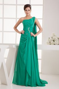 Discount One Shoulder Watteau Train Beaded and Ruched Dress for Prom