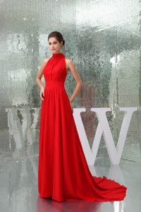 Fabulous High-neck Red Zipper-up Dresses for Prom Court with Court Train