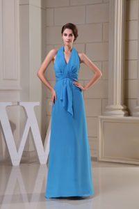 Halter Top Ankle-length Blue Chiffon Wonderful Prom Court Dresses for Fall
