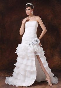 Elegant High Slit Brush Train Organza Wedding Gown Attires with Beading