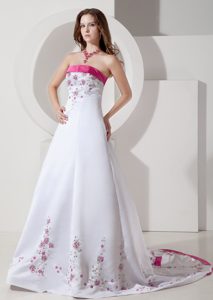 Custom Made Princess Brush Train Satin Dress for Wedding with Strapless