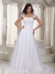 Sweet A-line Straps Court Train Ruched Lace Wedding Dresses for Wholesale