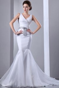 Mermaid V-neck Court Train Wedding Gown Dresses with Bow on Promotion