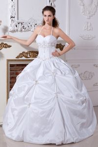 White Ball Gown Halter Embroidery Perfect White Wedding Dress in Taffeta