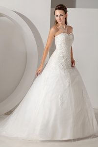 Affordable A-line Sweetheart Court Train Tulle Appliqued Wedding Outfits