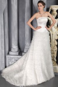 Princess Brush Train Satin and Tulle Wedding Dress with Strapless on Sale