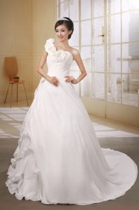 Low Price One Shoulder Wedding Dress with Flowers in Organza and Chiffon