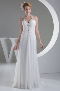 White Halter Top Ruched Nice Wedding Outfits with Appliques and Beading