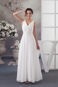 Cheap V-neck Ruched Ankle-length White Wedding Attires with Appliques