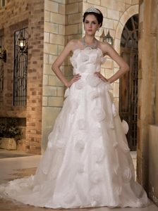 Strapless Chapel Train Flowers Nice Wedding Dress in and Organza