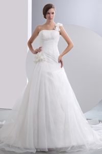 Chapel Train Wedding Dress with Flowers and One Shoulder on Promotion