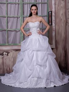 A-line Strapless Chapel Train Cute Wedding Dress in and Organza