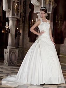 Ball Gown Halter Court Train Wedding Dress with Beading and Appliques