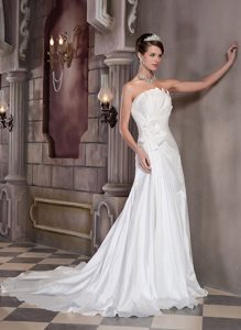 A-line Strapless Court Train Perfect Wedding Outfits with Flowers