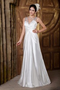 V-neck Long Wedding Party Dresses in Elastic Woven Satin with Beadings