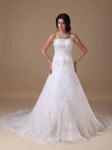 Beautiful A-line Strapless Wedding Party Dresses with Appliques and Chapel Train