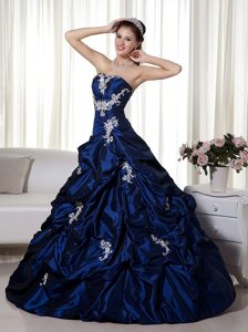 Strapless Navy Blue Quinceanera Dresses with Pick-ups and Appliques